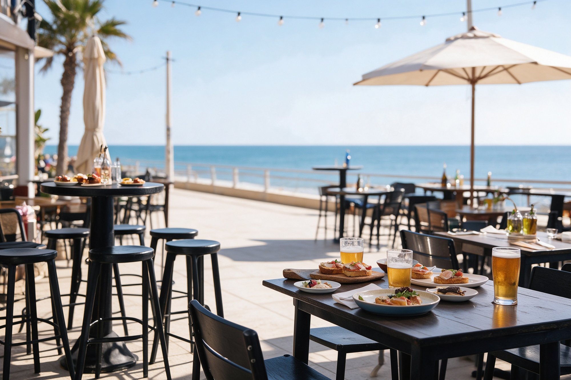 Terraza exterior de cervecería junto al mar con mesas altas negras, luces de guirnalda y el Mediterráneo al fondo