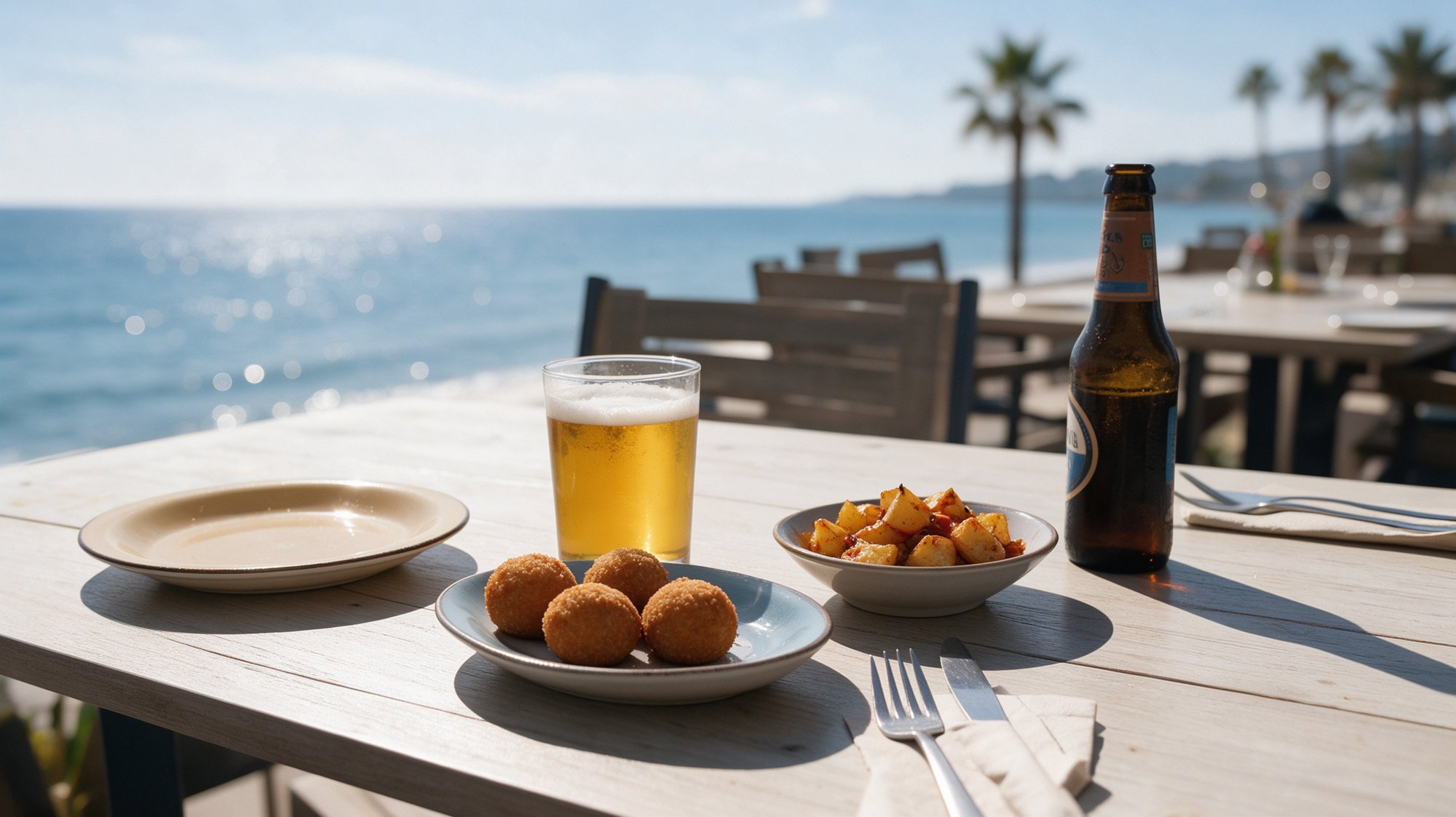Mesa de tapeo en terraza frente al mar con platos de tapas, patatas bravas y una cerveza dorada con el Mediterráneo al fondo