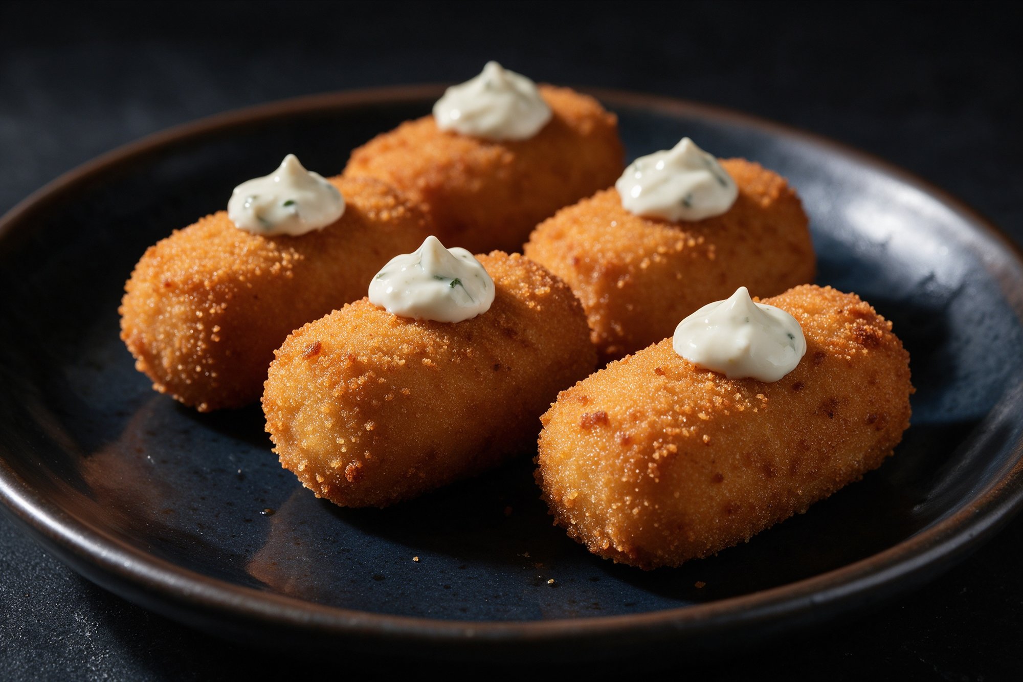 Cinco croquetas caseras doradas con salsa cremosa de hierbas en plato oscuro