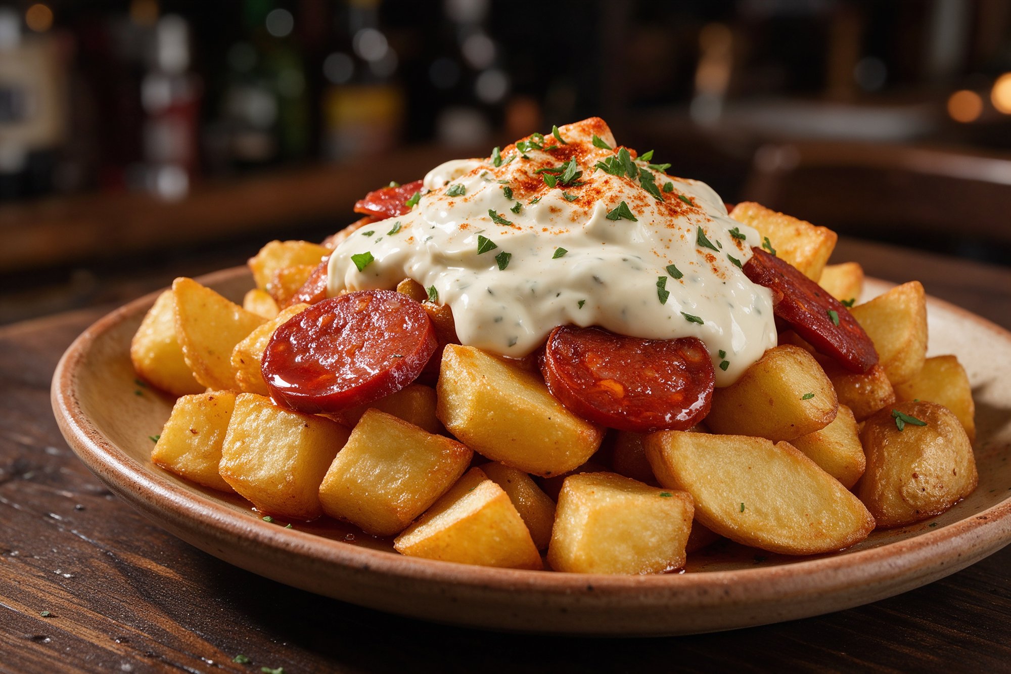 Plato rústico de patatas bravas con chorizo, alioli de hierbas y pimentón