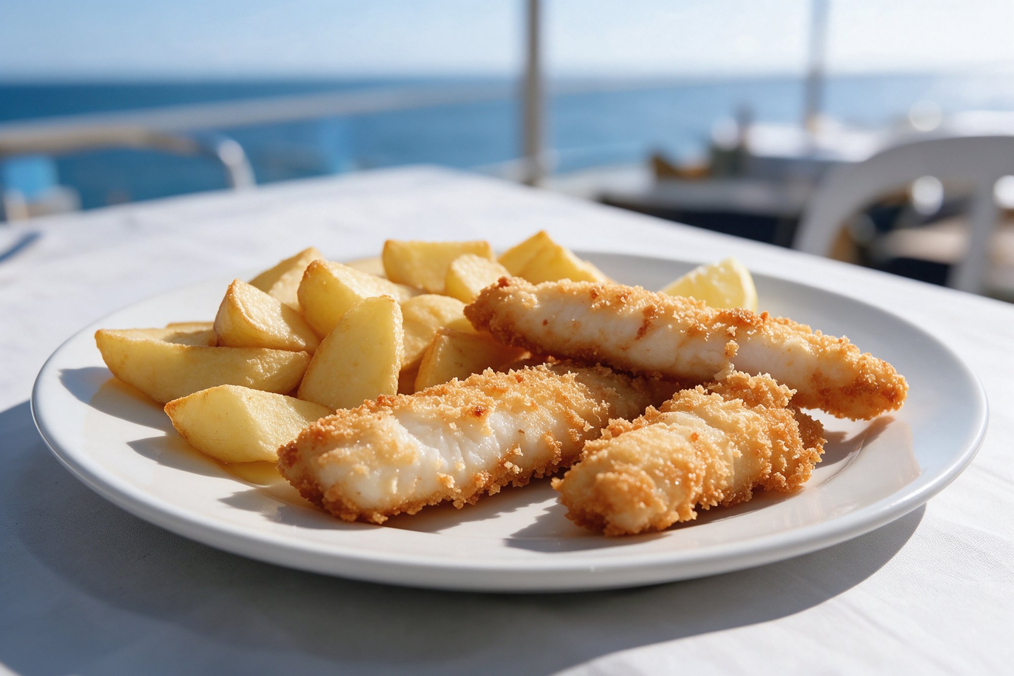 Pescado frito andaluz en adobo con patatas fritas gruesas y limón en plato