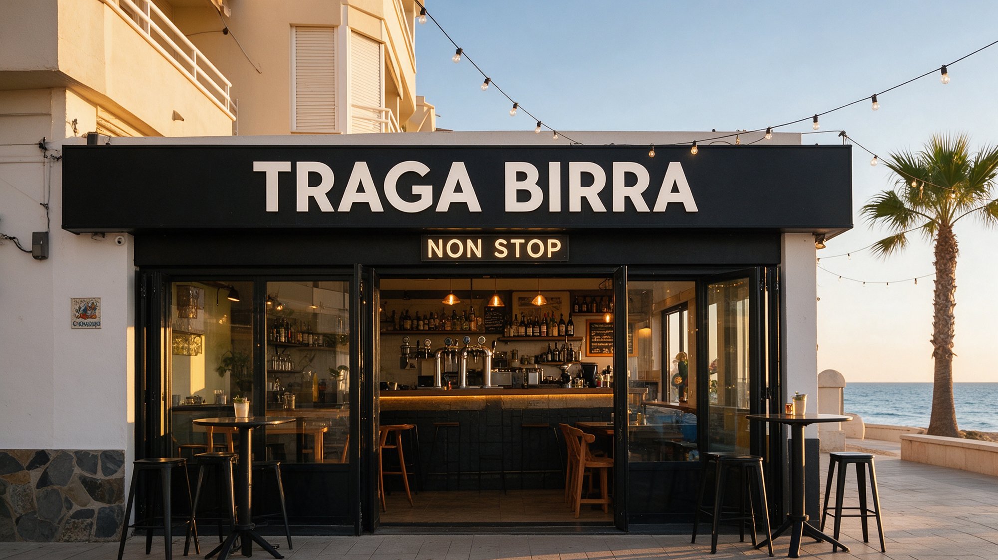 Fachada contemporánea de cervecería de tapas frente al mar con rótulo negro que dice TRAGA BIRRA y NON STOP al atardecer